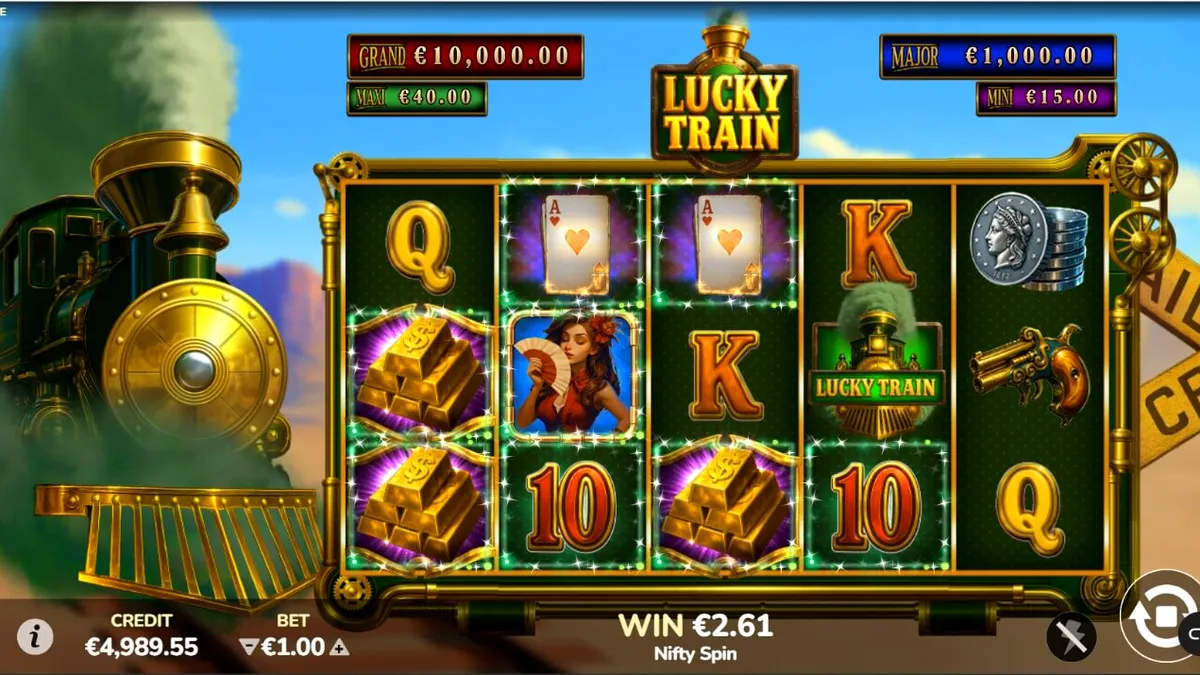 Tampilan visual mesin slot Lucky Train dengan tema steampunk dan rel kereta api.
