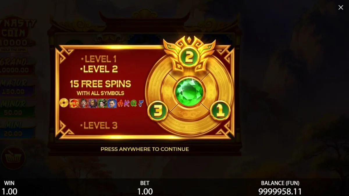 Tampilan visual slot Dynasty Coin 10,000: Hold the Spin dengan latar belakang pegunungan Oriental