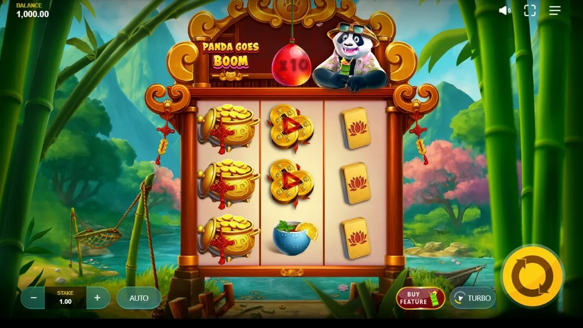 Panda santai di taman tropis dalam slot Panda Goes Boom