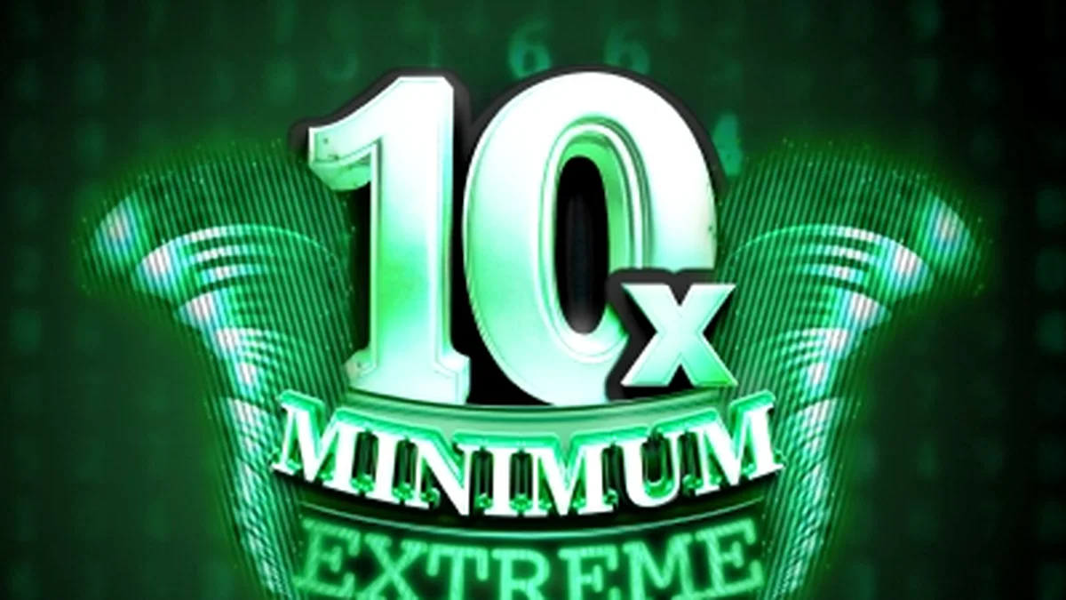 Tampilan layar permainan slot 10x Minimum Extreme dengan gulungan angka dan efek vortex neon.